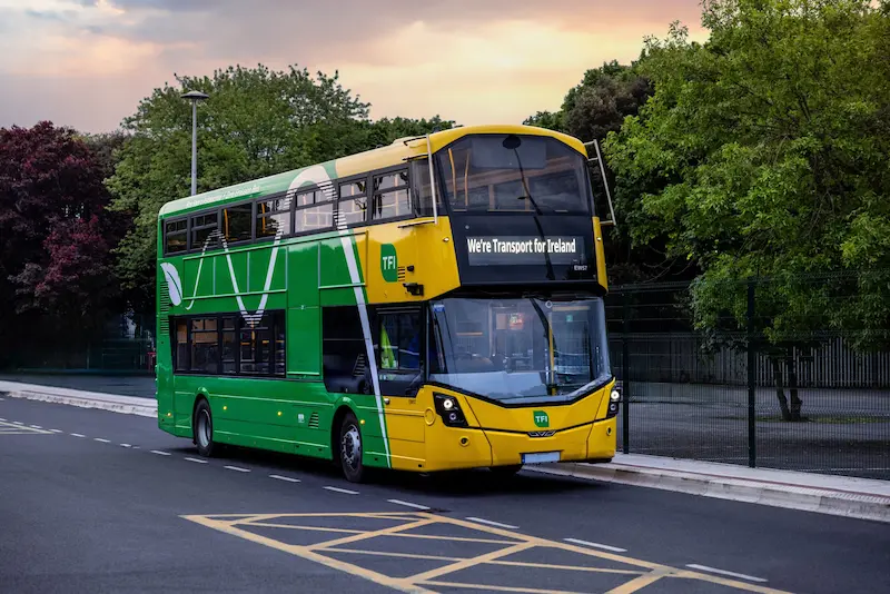 A Dublin Bus travelling along a city route as part of the BusConnects network
